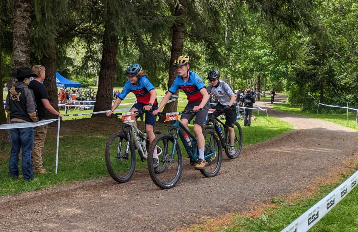 Three cyclists in race.